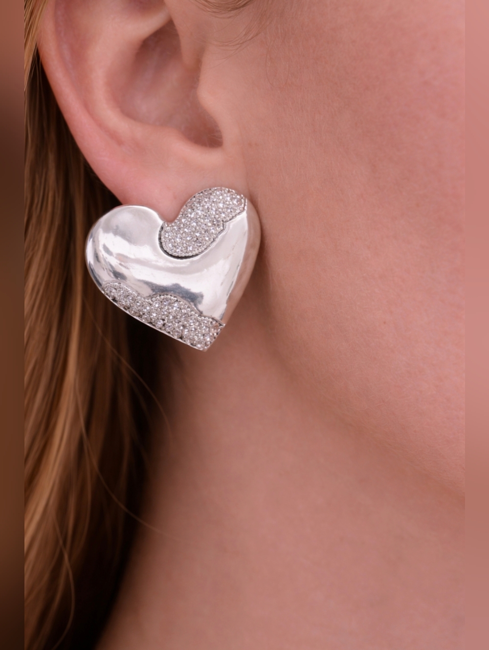 MNG Silver Rhinestone Heart Statement Earrings